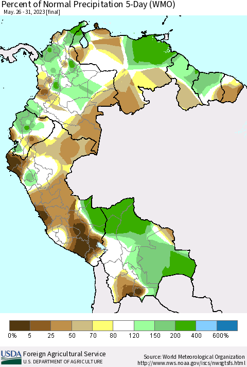 Northern South America Percent of Normal Precipitation 5-Day (WMO) Thematic Map For 5/26/2023 - 5/31/2023
