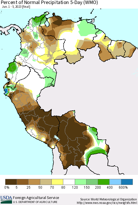 Northern South America Percent of Normal Precipitation 5-Day (WMO) Thematic Map For 6/1/2023 - 6/5/2023