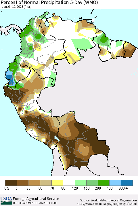Northern South America Percent of Normal Precipitation 5-Day (WMO) Thematic Map For 6/6/2023 - 6/10/2023