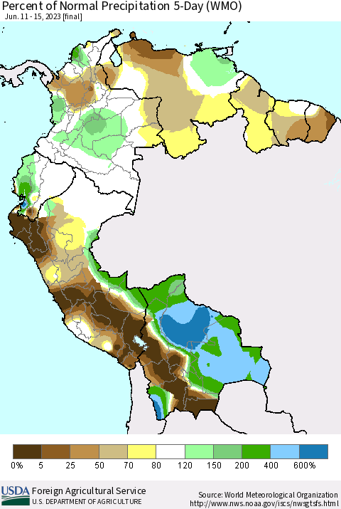 Northern South America Percent of Normal Precipitation 5-Day (WMO) Thematic Map For 6/11/2023 - 6/15/2023