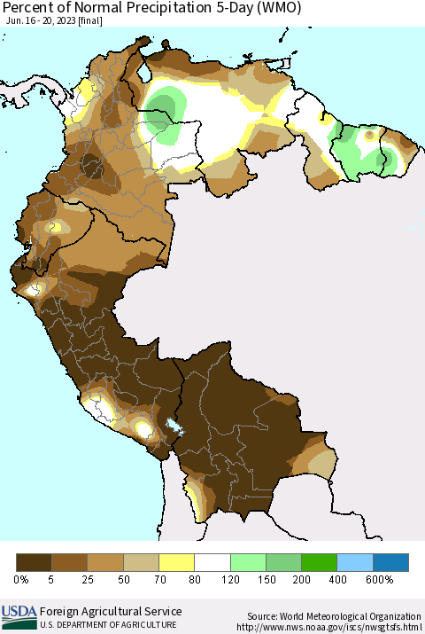 Northern South America Percent of Normal Precipitation 5-Day (WMO) Thematic Map For 6/16/2023 - 6/20/2023