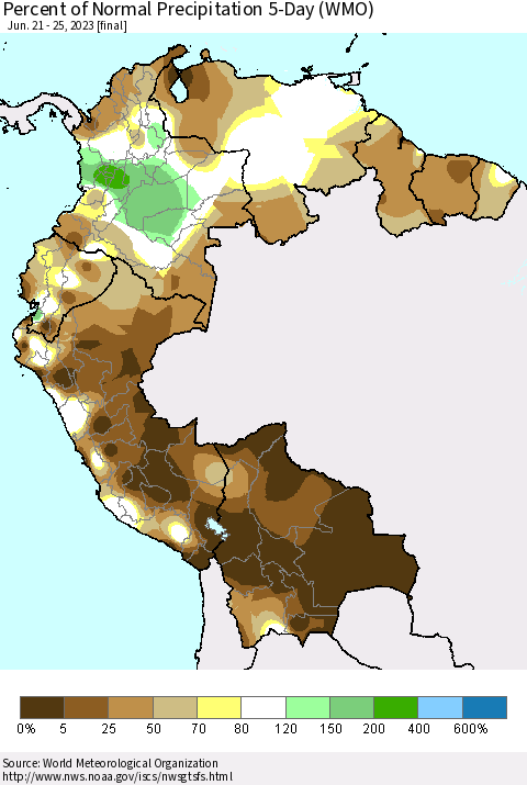 Northern South America Percent of Normal Precipitation 5-Day (WMO) Thematic Map For 6/21/2023 - 6/25/2023