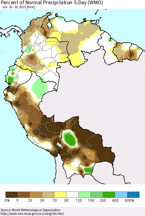 Northern South America Percent of Normal Precipitation 5-Day (WMO) Thematic Map For 6/26/2023 - 6/30/2023