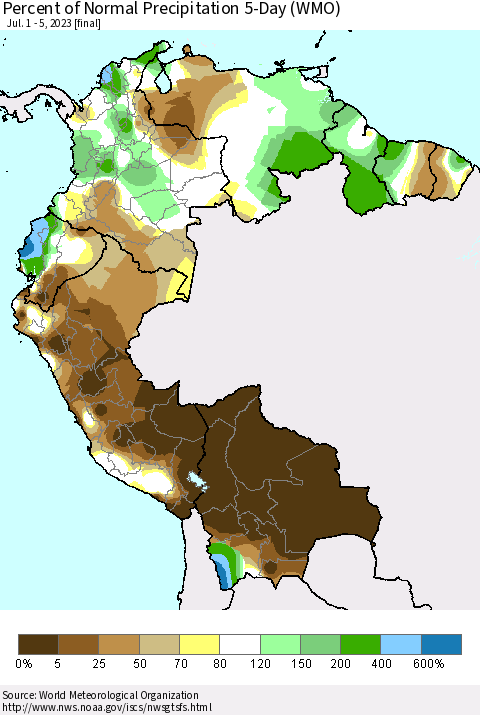 Northern South America Percent of Normal Precipitation 5-Day (WMO) Thematic Map For 7/1/2023 - 7/5/2023