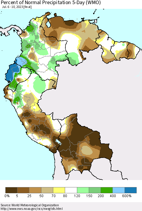 Northern South America Percent of Normal Precipitation 5-Day (WMO) Thematic Map For 7/6/2023 - 7/10/2023