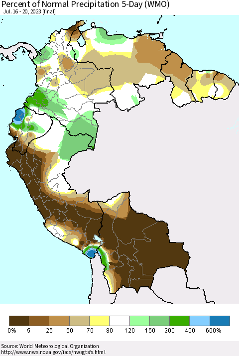 Northern South America Percent of Normal Precipitation 5-Day (WMO) Thematic Map For 7/16/2023 - 7/20/2023