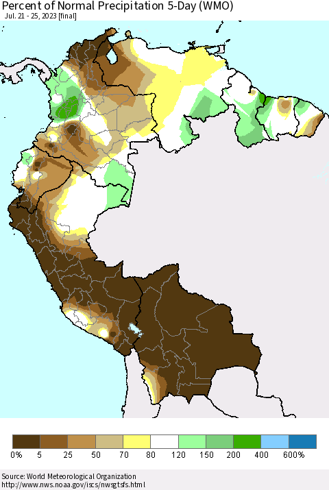 Northern South America Percent of Normal Precipitation 5-Day (WMO) Thematic Map For 7/21/2023 - 7/25/2023