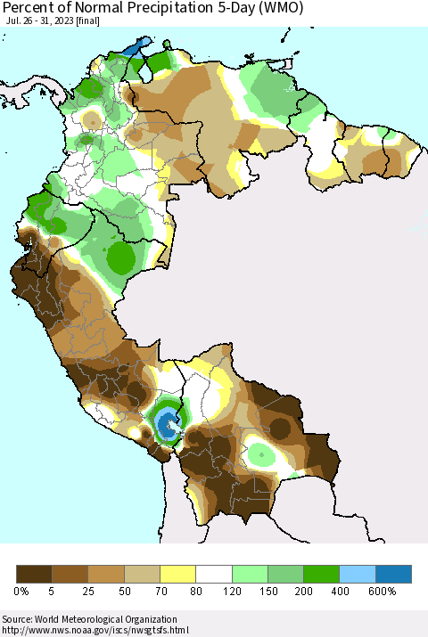 Northern South America Percent of Normal Precipitation 5-Day (WMO) Thematic Map For 7/26/2023 - 7/31/2023