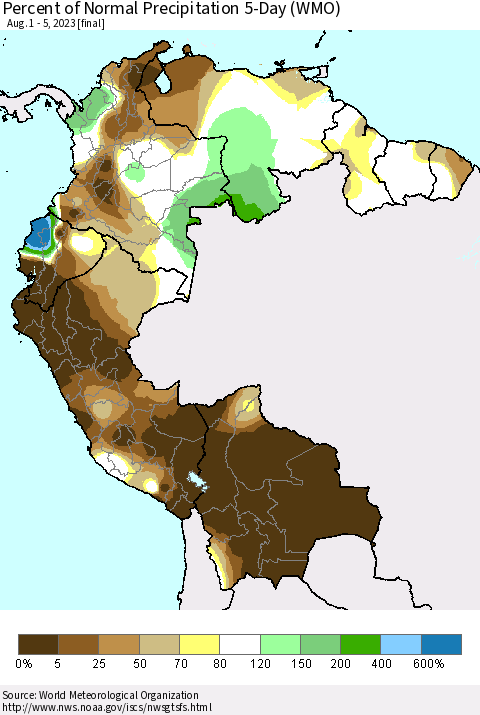Northern South America Percent of Normal Precipitation 5-Day (WMO) Thematic Map For 8/1/2023 - 8/5/2023