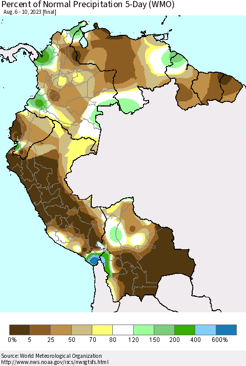Northern South America Percent of Normal Precipitation 5-Day (WMO) Thematic Map For 8/6/2023 - 8/10/2023