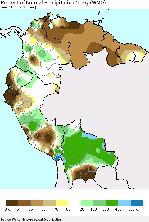 Northern South America Percent of Normal Precipitation 5-Day (WMO) Thematic Map For 8/11/2023 - 8/15/2023