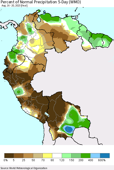Northern South America Percent of Normal Precipitation 5-Day (WMO) Thematic Map For 8/16/2023 - 8/20/2023