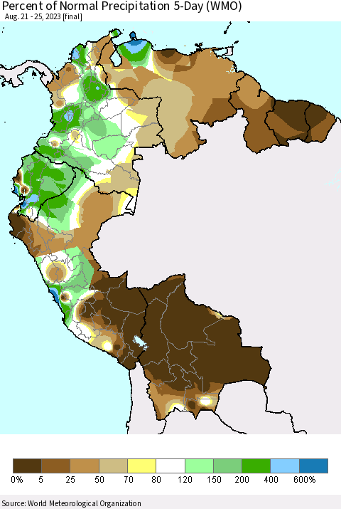 Northern South America Percent of Normal Precipitation 5-Day (WMO) Thematic Map For 8/21/2023 - 8/25/2023