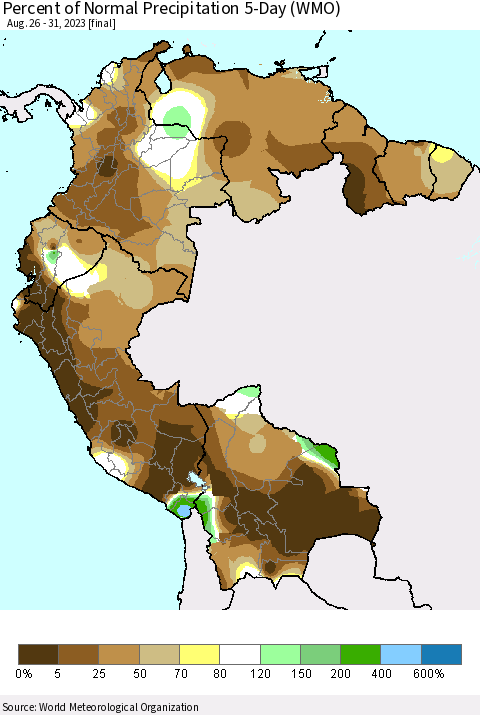 Northern South America Percent of Normal Precipitation 5-Day (WMO) Thematic Map For 8/26/2023 - 8/31/2023