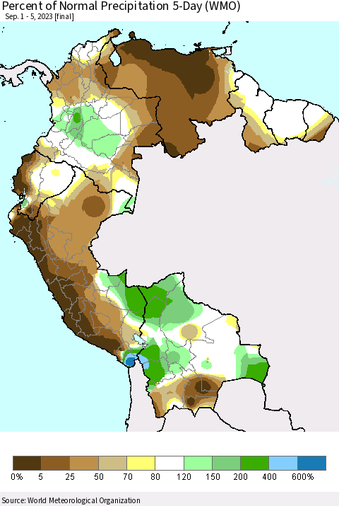 Northern South America Percent of Normal Precipitation 5-Day (WMO) Thematic Map For 9/1/2023 - 9/5/2023