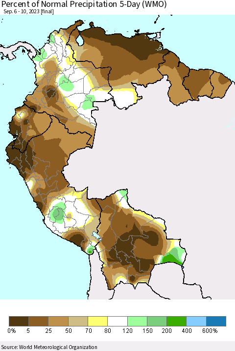 Northern South America Percent of Normal Precipitation 5-Day (WMO) Thematic Map For 9/6/2023 - 9/10/2023