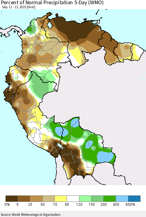 Northern South America Percent of Normal Precipitation 5-Day (WMO) Thematic Map For 9/11/2023 - 9/15/2023