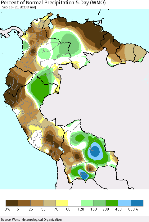 Northern South America Percent of Normal Precipitation 5-Day (WMO) Thematic Map For 9/16/2023 - 9/20/2023