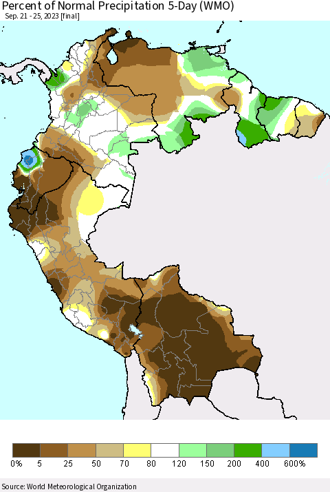 Northern South America Percent of Normal Precipitation 5-Day (WMO) Thematic Map For 9/21/2023 - 9/25/2023