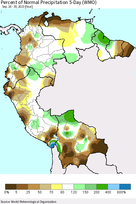 Northern South America Percent of Normal Precipitation 5-Day (WMO) Thematic Map For 9/26/2023 - 9/30/2023