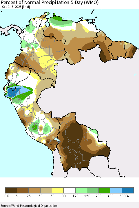 Northern South America Percent of Normal Precipitation 5-Day (WMO) Thematic Map For 10/1/2023 - 10/5/2023