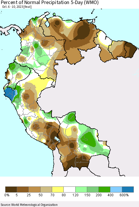 Northern South America Percent of Normal Precipitation 5-Day (WMO) Thematic Map For 10/6/2023 - 10/10/2023