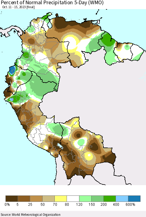 Northern South America Percent of Normal Precipitation 5-Day (WMO) Thematic Map For 10/11/2023 - 10/15/2023