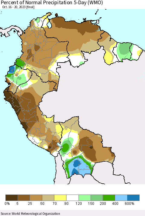 Northern South America Percent of Normal Precipitation 5-Day (WMO) Thematic Map For 10/16/2023 - 10/20/2023