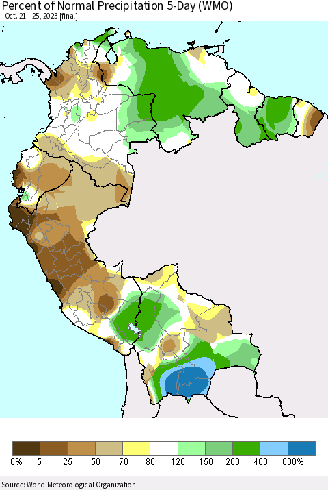 Northern South America Percent of Normal Precipitation 5-Day (WMO) Thematic Map For 10/21/2023 - 10/25/2023