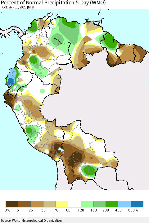 Northern South America Percent of Normal Precipitation 5-Day (WMO) Thematic Map For 10/26/2023 - 10/31/2023