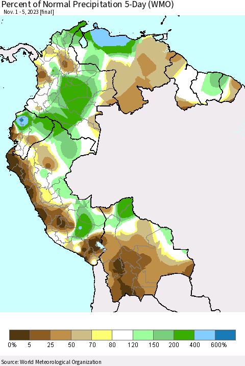 Northern South America Percent of Normal Precipitation 5-Day (WMO) Thematic Map For 11/1/2023 - 11/5/2023