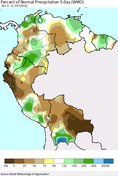 Northern South America Percent of Normal Precipitation 5-Day (WMO) Thematic Map For 11/6/2023 - 11/10/2023