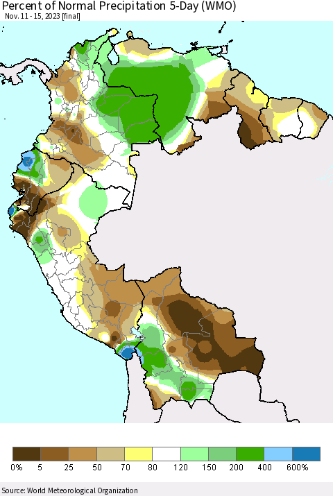 Northern South America Percent of Normal Precipitation 5-Day (WMO) Thematic Map For 11/11/2023 - 11/15/2023