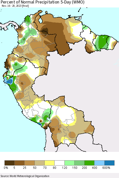 Northern South America Percent of Normal Precipitation 5-Day (WMO) Thematic Map For 11/16/2023 - 11/20/2023