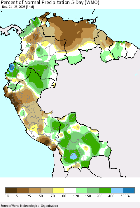 Northern South America Percent of Normal Precipitation 5-Day (WMO) Thematic Map For 11/21/2023 - 11/25/2023