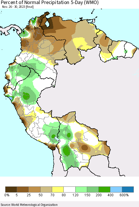 Northern South America Percent of Normal Precipitation 5-Day (WMO) Thematic Map For 11/26/2023 - 11/30/2023
