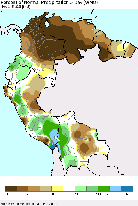 Northern South America Percent of Normal Precipitation 5-Day (WMO) Thematic Map For 12/1/2023 - 12/5/2023