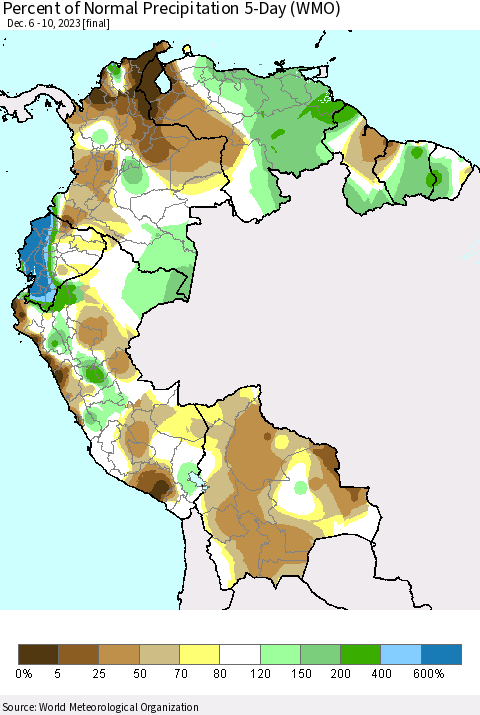 Northern South America Percent of Normal Precipitation 5-Day (WMO) Thematic Map For 12/6/2023 - 12/10/2023