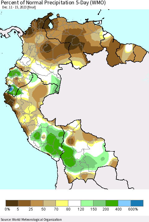 Northern South America Percent of Normal Precipitation 5-Day (WMO) Thematic Map For 12/11/2023 - 12/15/2023