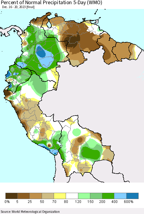 Northern South America Percent of Normal Precipitation 5-Day (WMO) Thematic Map For 12/16/2023 - 12/20/2023