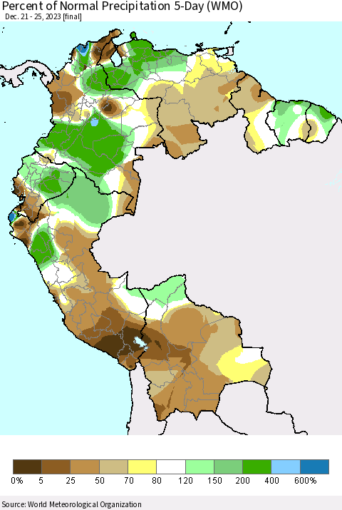 Northern South America Percent of Normal Precipitation 5-Day (WMO) Thematic Map For 12/21/2023 - 12/25/2023