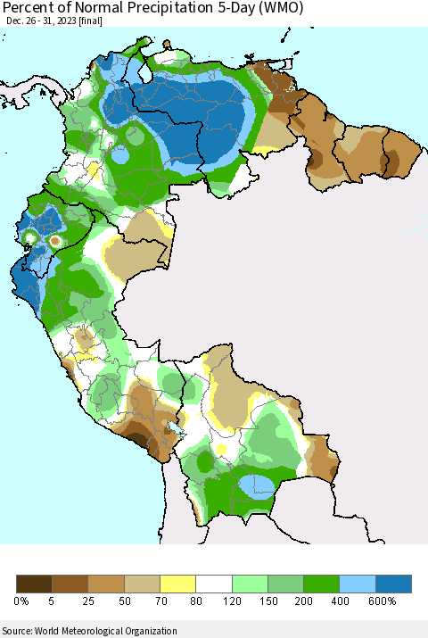 Northern South America Percent of Normal Precipitation 5-Day (WMO) Thematic Map For 12/26/2023 - 12/31/2023