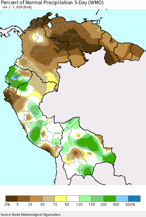 Northern South America Percent of Normal Precipitation 5-Day (WMO) Thematic Map For 1/1/2024 - 1/5/2024