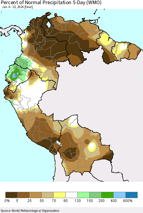 Northern South America Percent of Normal Precipitation 5-Day (WMO) Thematic Map For 1/6/2024 - 1/10/2024
