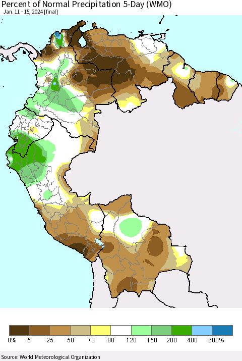 Northern South America Percent of Normal Precipitation 5-Day (WMO) Thematic Map For 1/11/2024 - 1/15/2024