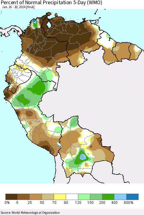 Northern South America Percent of Normal Precipitation 5-Day (WMO) Thematic Map For 1/16/2024 - 1/20/2024