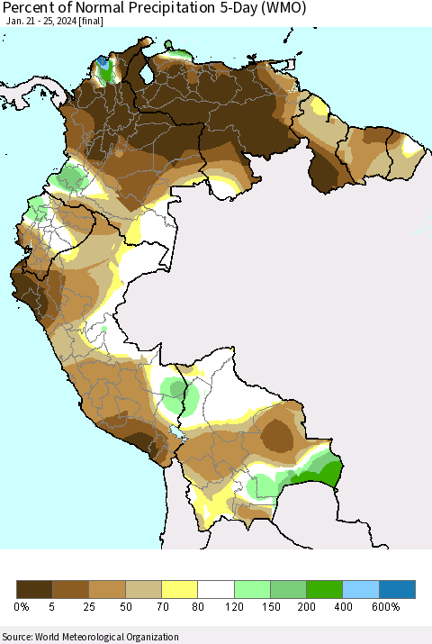Northern South America Percent of Normal Precipitation 5-Day (WMO) Thematic Map For 1/21/2024 - 1/25/2024