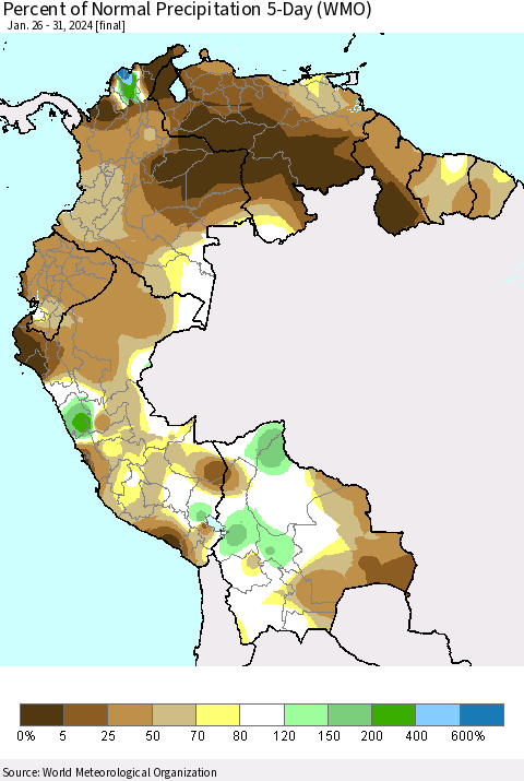 Northern South America Percent of Normal Precipitation 5-Day (WMO) Thematic Map For 1/26/2024 - 1/31/2024