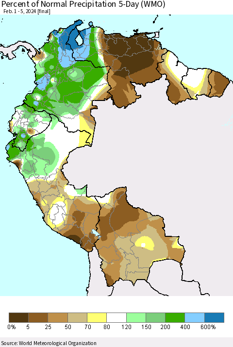 Northern South America Percent of Normal Precipitation 5-Day (WMO) Thematic Map For 2/1/2024 - 2/5/2024