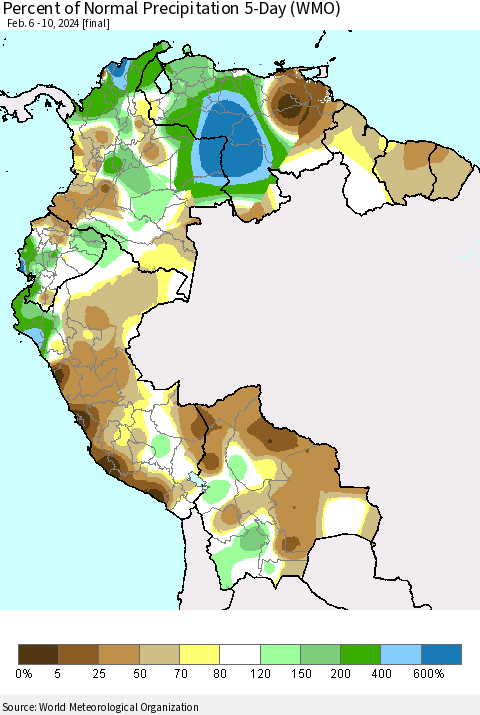 Northern South America Percent of Normal Precipitation 5-Day (WMO) Thematic Map For 2/6/2024 - 2/10/2024